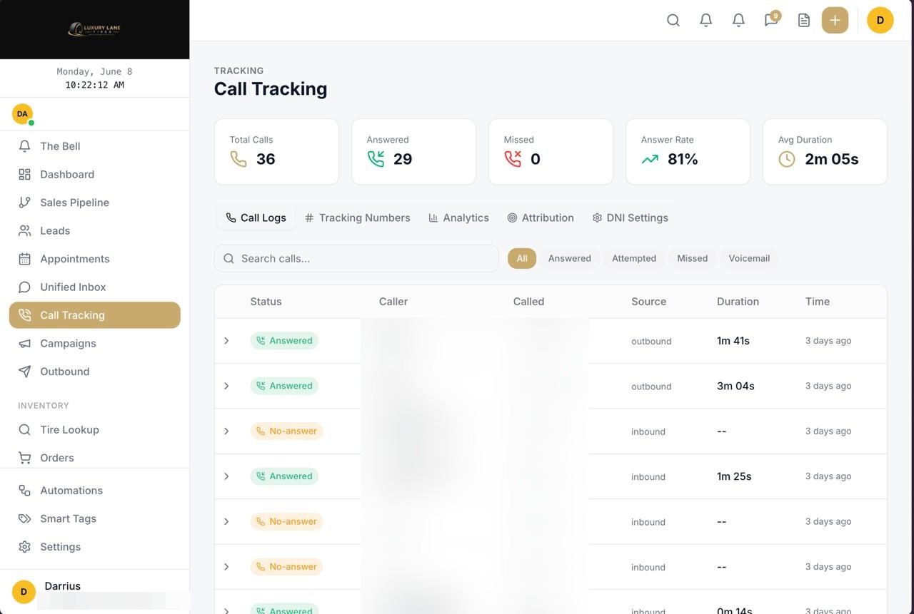 LuxuryLane call tracking records and summary counters with customer details obscured