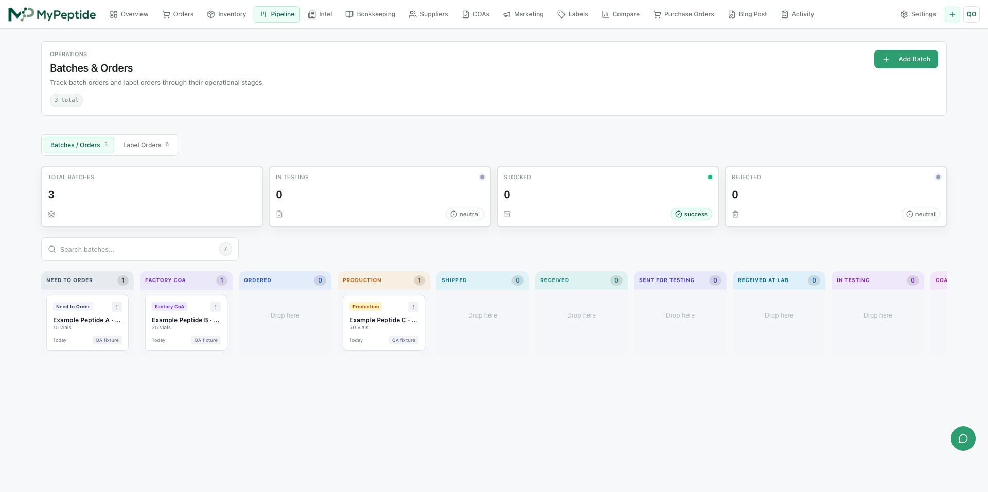 Current MyPeptide admin batch pipeline UI with synthetic sample data